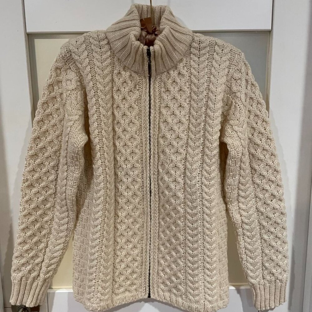 Inis Crafts Merino Wool Cardigan High- Neck Cable knit Full Zip  Size S